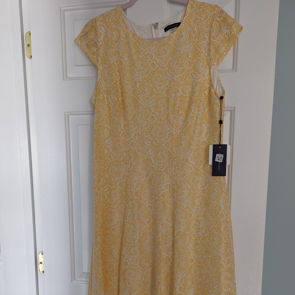 Yellow lace cap sleeve A-line dress